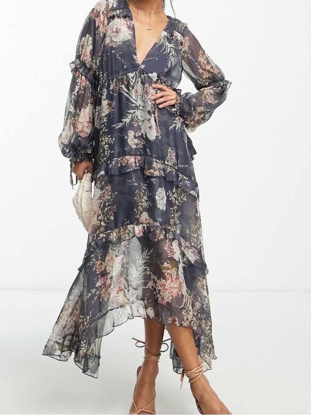 Asos Design Women's Floral Tiered Chiffon Maxi Dress - Navy Floral